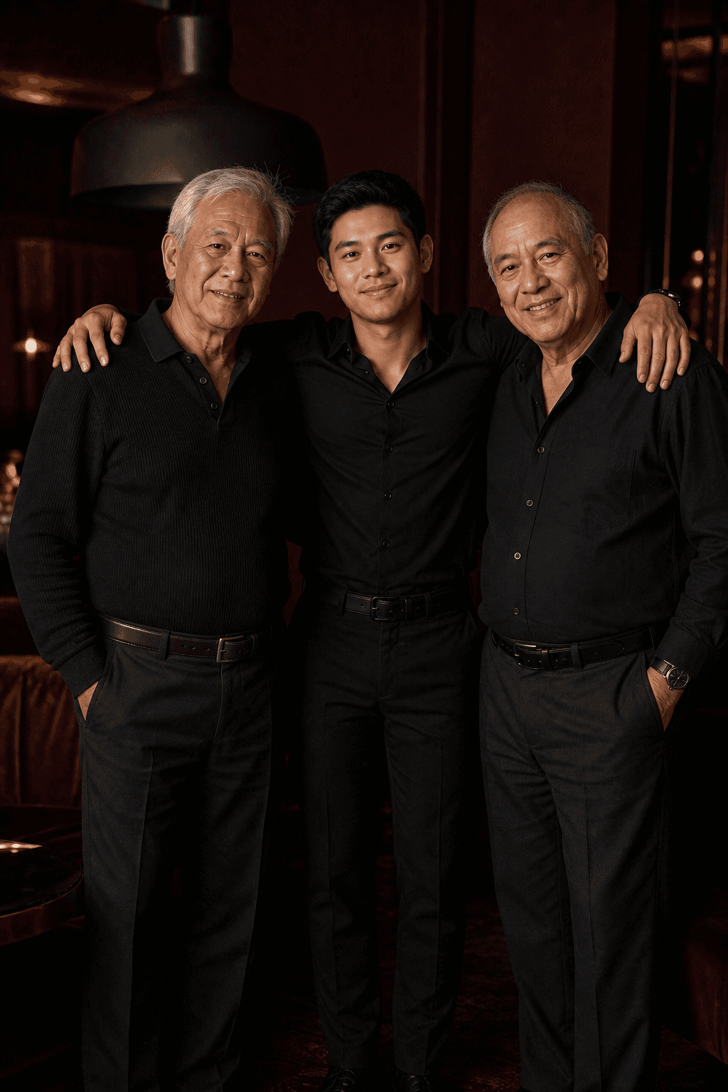 Three adult men from different generations together in a private lounge